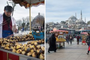 Maronenverkäufer und Moschee in Istanbul, Türkei