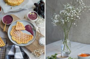 Rezept für glutenfreie Karottenwaffeln Möhrenwaffeln mit Blumenschmuck