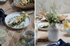 Grüner Spargel mit Hirtenkäse und Pinienkernen