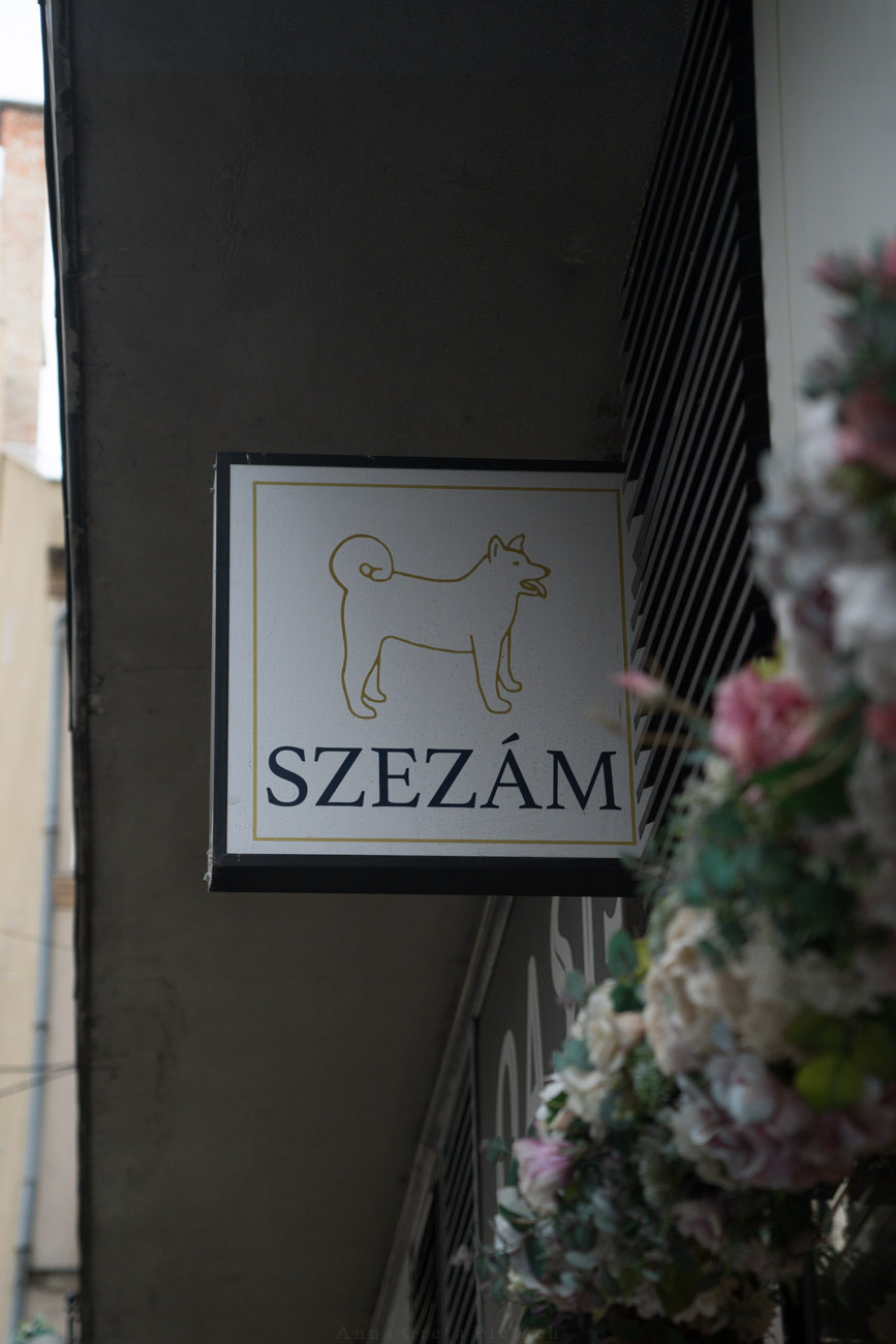 Schild an einer Außenfassade mit der Aufschrift "Szezám", ein glutenfreies Café in Budapest, Ungarn