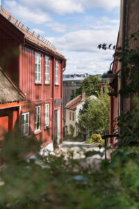 Eine kleine Straße mit roten Holzhäusern mit grünen Pflanzen im Vordergund in Oslo, Norwegen.