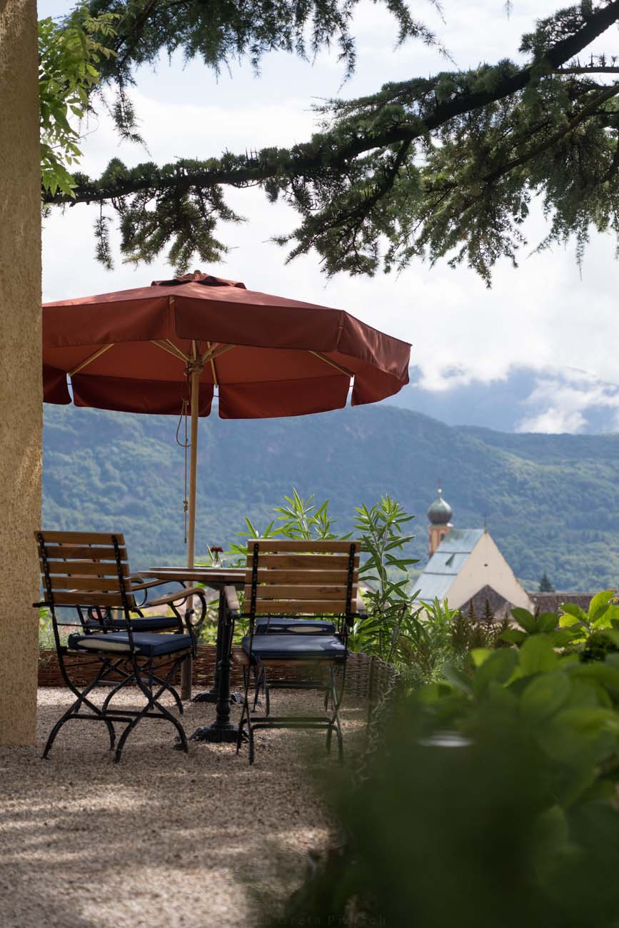 Ein Tisch mit zwei Stühlen und einem dunkelroten Sonnenschitm unter einem großen Nadelbaum mit Blick auf die Weinberge.