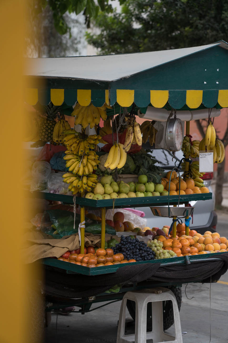 Ein mobiler Obststand, der mit verschiedenstem Obst vollgepackt ist. Bananen, Grenadillas, Trauben, Mango und und und 