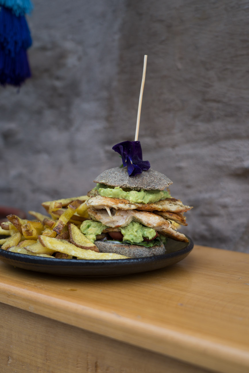 Ein Teller mit einem Hähnchenburger und Pommes. Gehalten wird der Burger von einem Holzspieß.