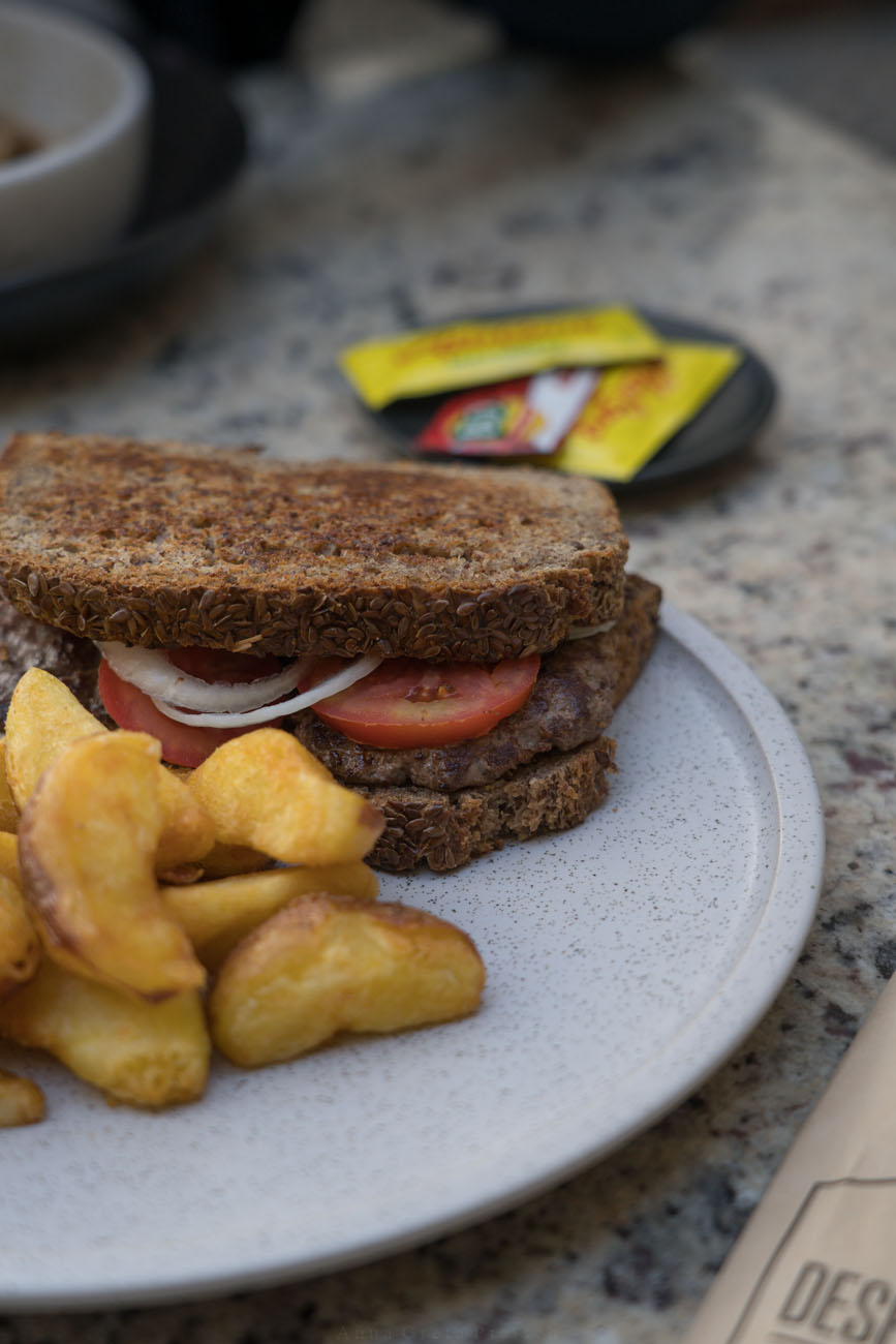 Ein glutenfreier "Burger" aus zwei trockenen Brotscheiben mit Körnern, einem Fleischpatty, Tomaten und Pommes am Tellerrand.