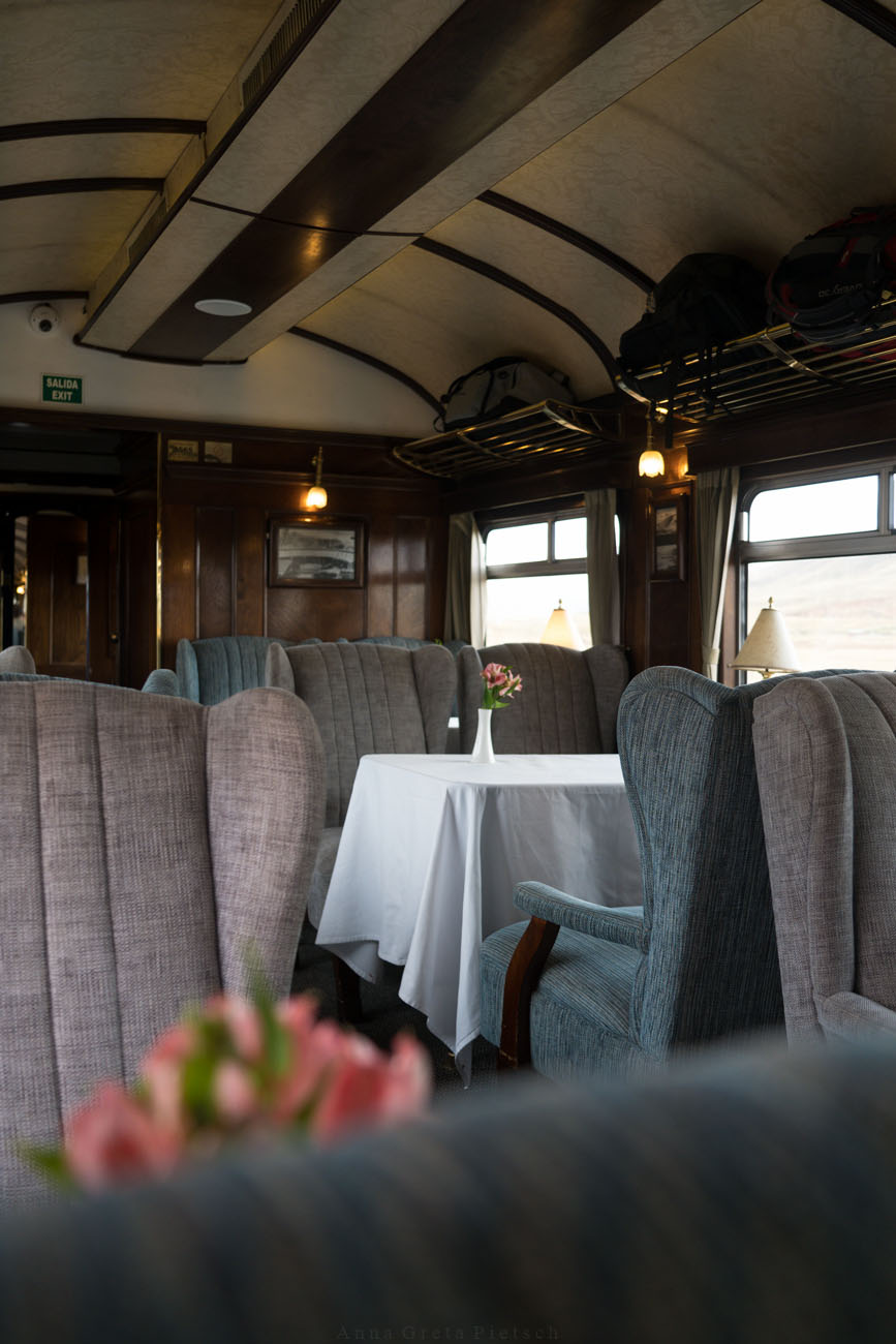 Man sieht das Innere eines Zugwaggons in einem sehr nostalgisch-luxeriösen Stil.