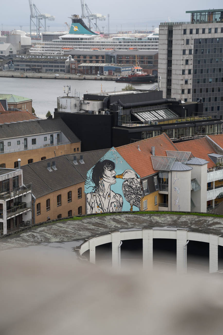 Der Blick von Salling Rooftop in aarhus auf die Stadt und den Hafen. Auf einer Fassade sieht man ein gesprühtes Kunstwerk.
